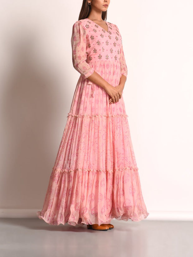 Baby Pink Chiffon Printed Anarkali Gown