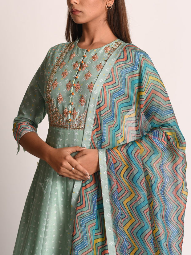 Mint Green Pure Chanderi Handcrafted Anarkali Gown