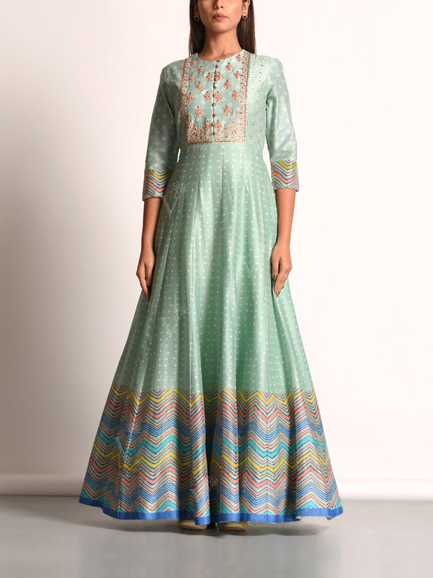 Mint Green Pure Chanderi Handcrafted Anarkali Gown