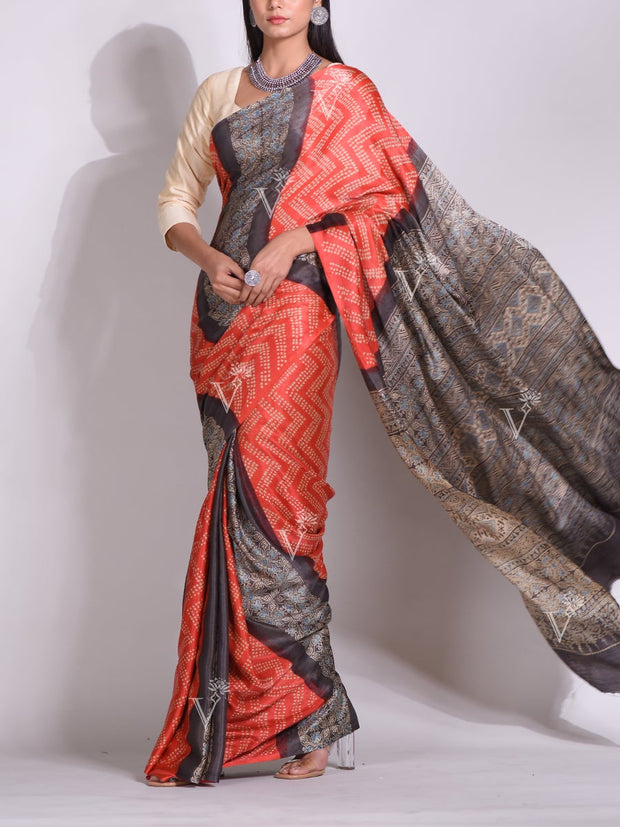 Rust Silk Bandhani Saree