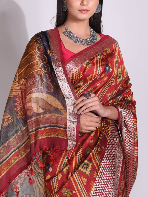 Maroon Tussar Printed Saree