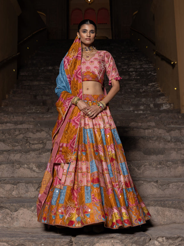 Mustard and Peach Vasansi Silk Printed Lehenga Set