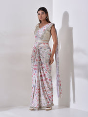 White Floral Pre Draped Saree