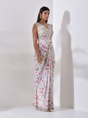 White Floral Pre Draped Saree