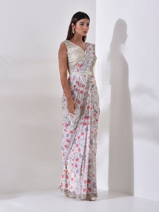 White Floral Pre Draped Saree