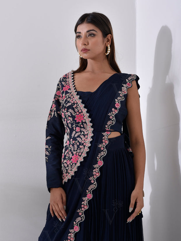 Navy Blue Pre Draped Saree