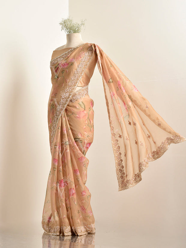 Beige Floral Organza Saree