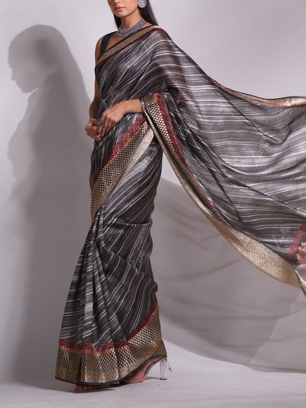 Grey Tussar Printed Saree