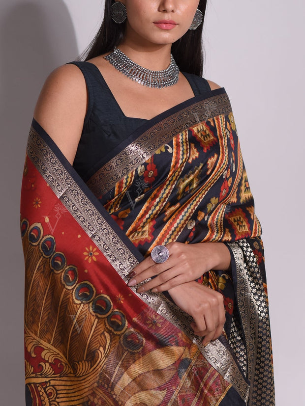 Blue Tussar Printed Saree