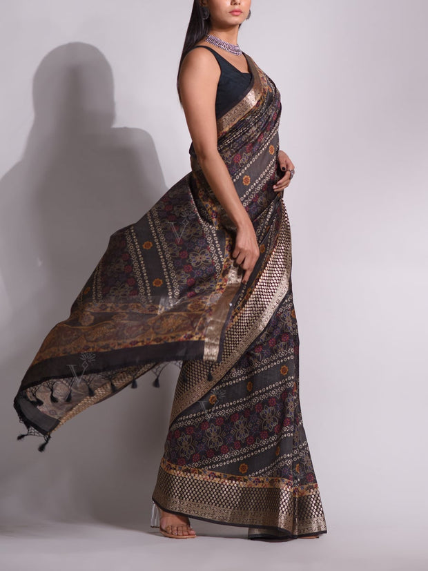 Grey Tussar Printed Saree