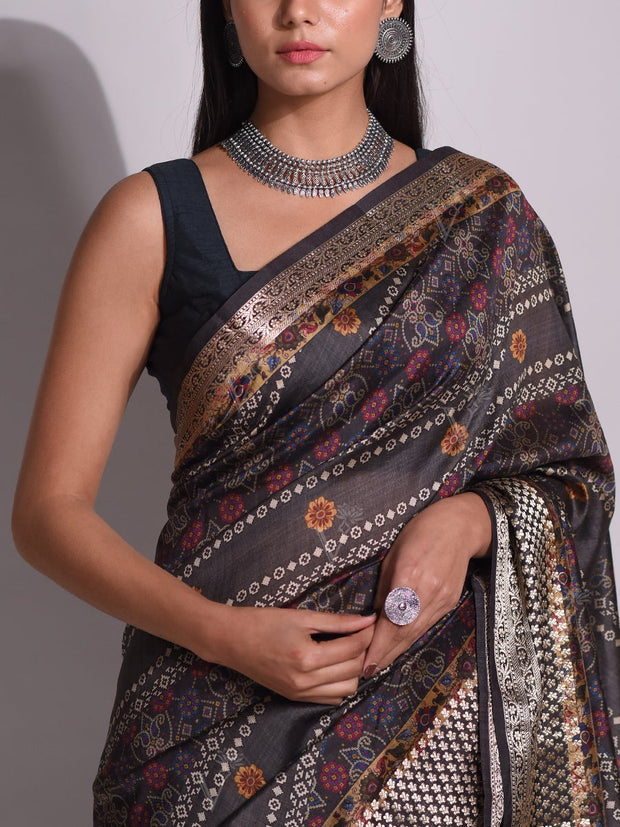 Grey Tussar Printed Saree