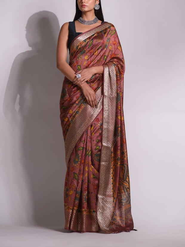 Brown Tussar Printed Saree