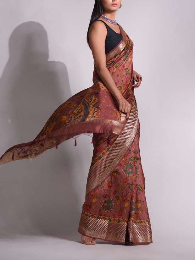 Brown Tussar Printed Saree