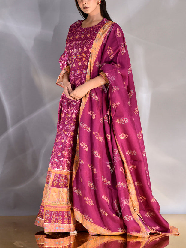 Rasberry Pink Vasansi Silk Printed Anarkali Gown