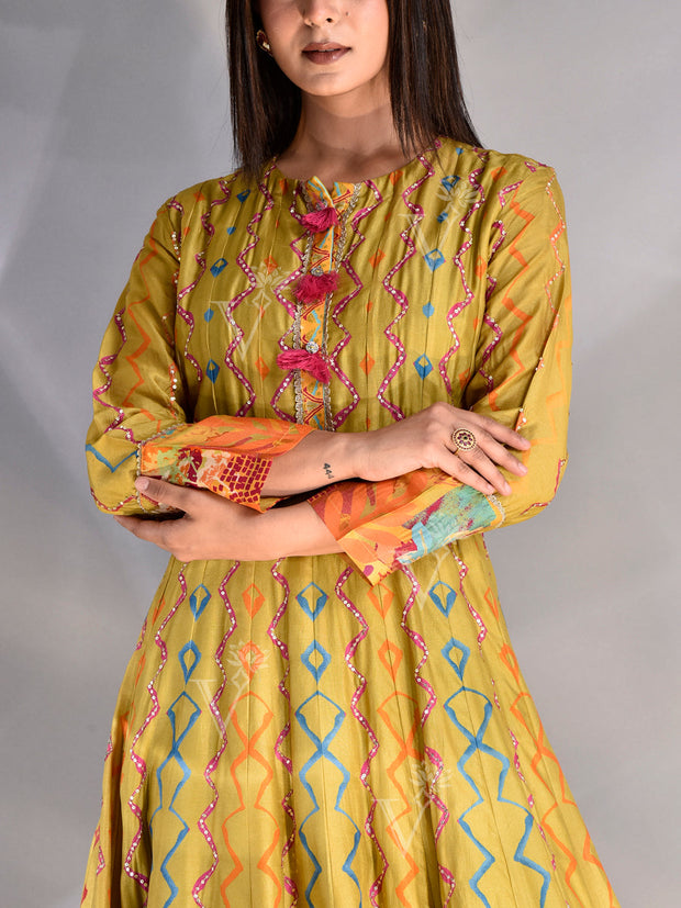 Pistachio Green Vasansi Silk Printed Anarkali Gown