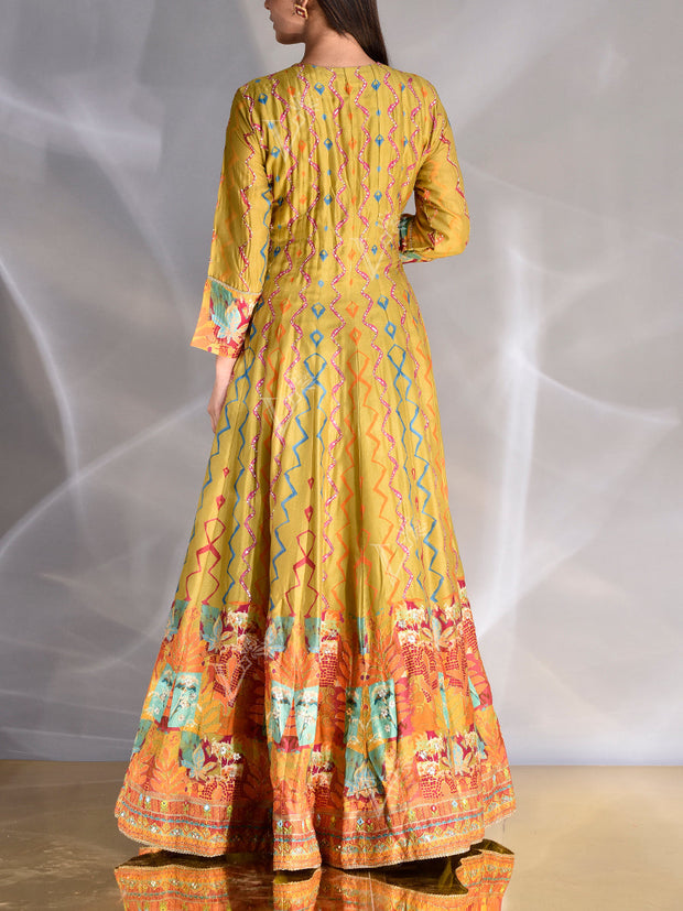 Pistachio Green Vasansi Silk Printed Anarkali Gown