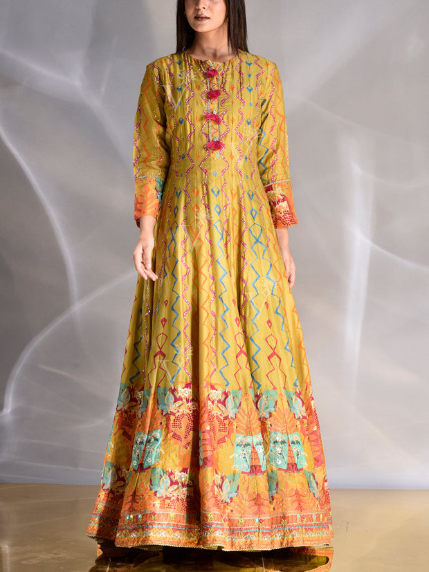 Pistachio Green Vasansi Silk Printed Anarkali Gown