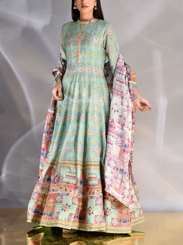 Green Vasansi Silk Printed Anarkali Gown