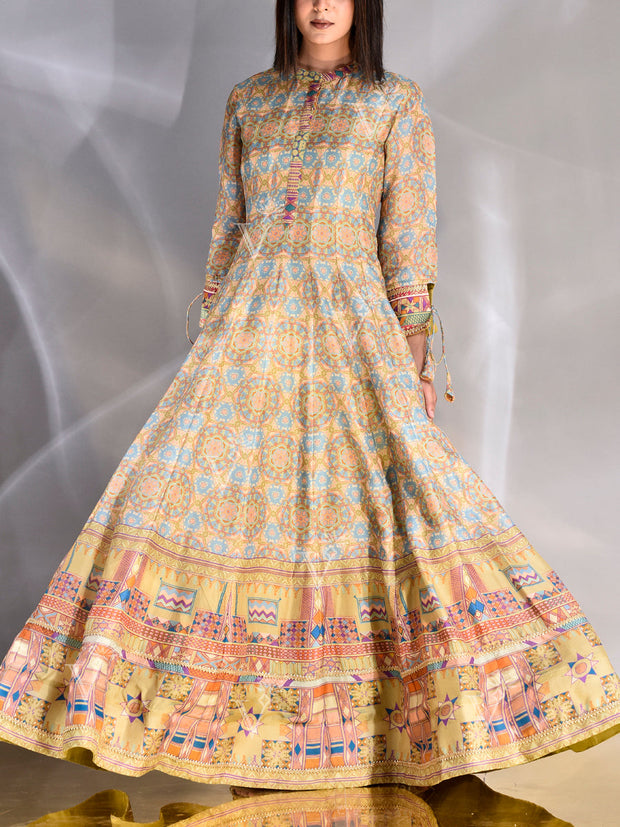 Olive Green Vasansi Silk Printed Anarkali Gown