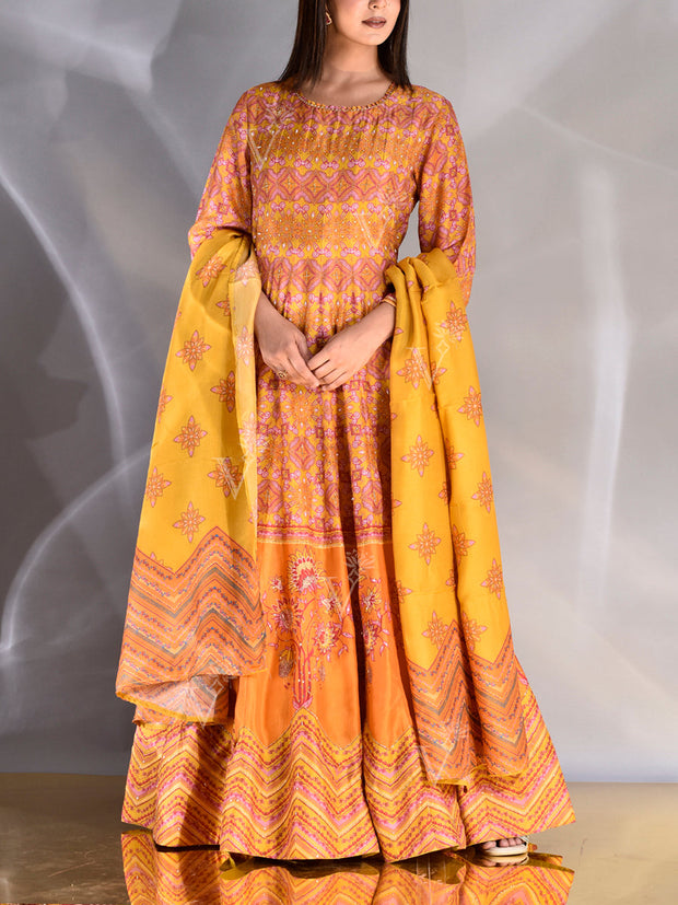 Mustard Vasansi Silk Printed Anarkali Gown