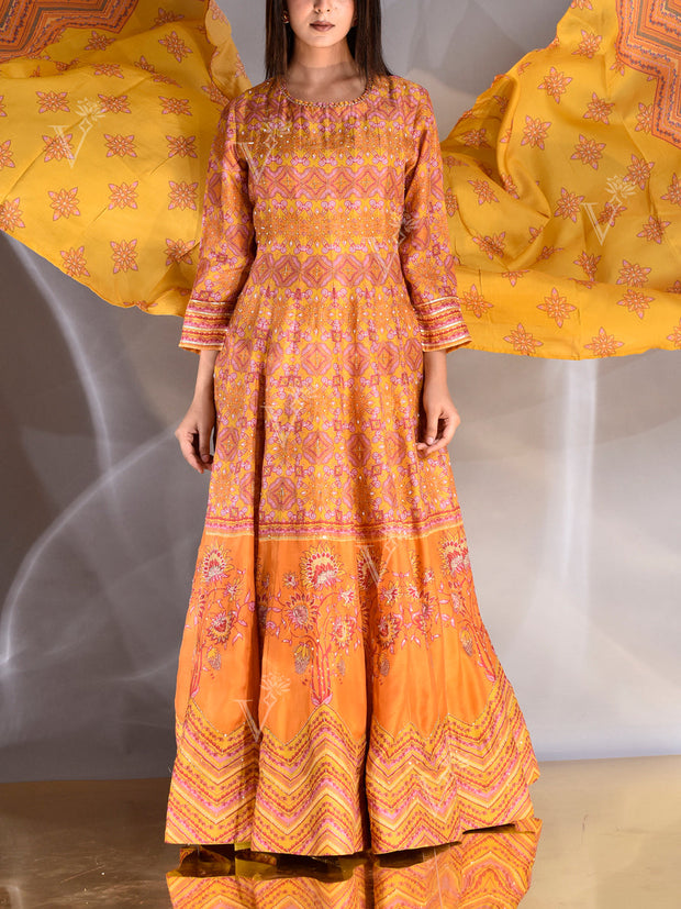 Mustard Vasansi Silk Printed Anarkali Gown