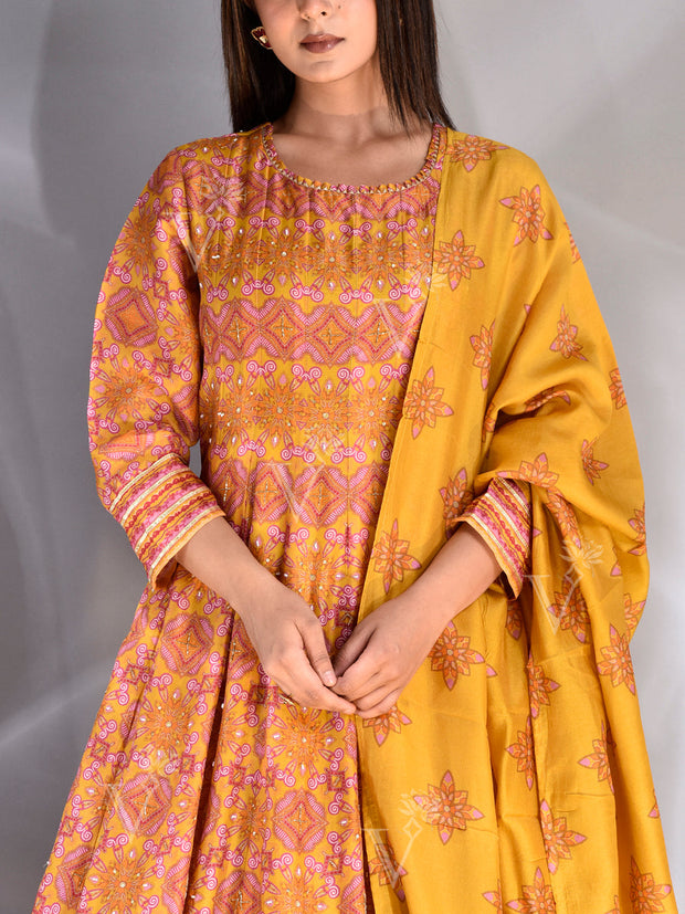 Mustard Vasansi Silk Printed Anarkali Gown