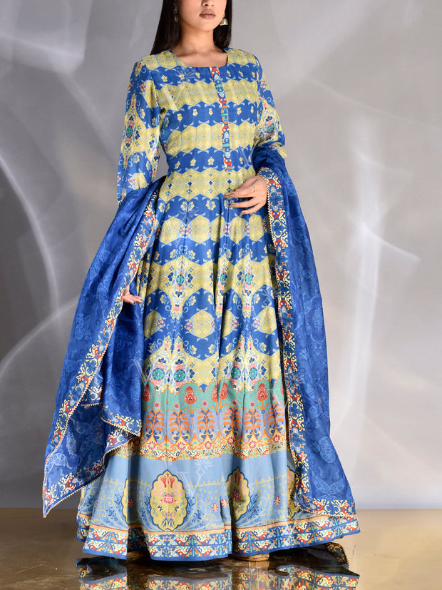 Blue and Green Vasansi Silk Printed Anarkali Gown