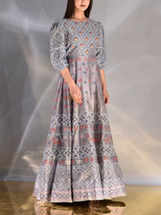 Steel Grey Vasansi Silk Printed Anarkali Gown