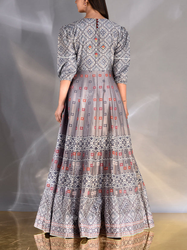 Steel Grey Vasansi Silk Printed Anarkali Gown