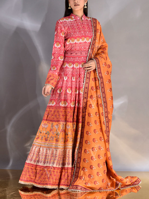 Red Vasansi Silk Printed Anarkali Gown