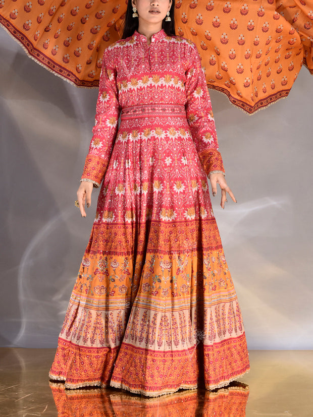 Red Vasansi Silk Printed Anarkali Gown