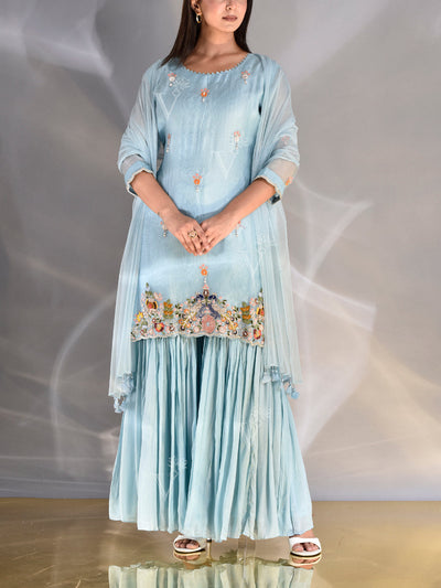 Blue Organza Zardozi Sharara Set