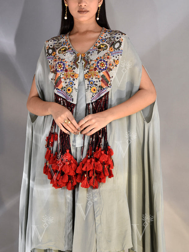 Grey Crepe Embroidered Shrug and Palazzo set