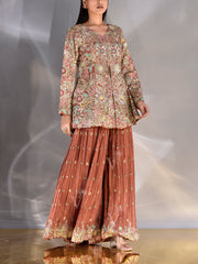 Brown Wrinkle Crepe Embroidered Jacket and Garara Set