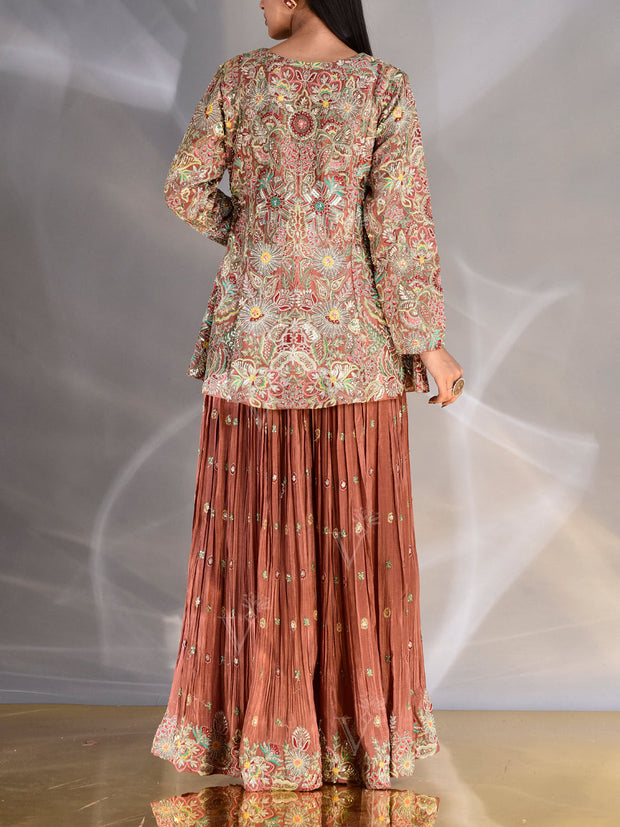 Brown Wrinkle Crepe Embroidered Jacket and Garara Set