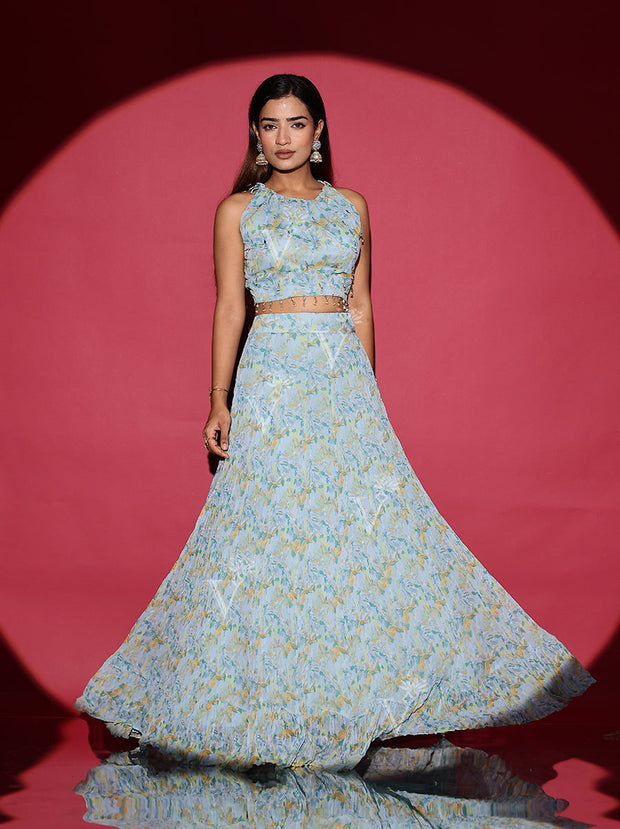 Blue Wrinkle Printed Crop Top and Skirt Set