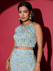 Blue Wrinkle Printed Crop Top and Skirt Set