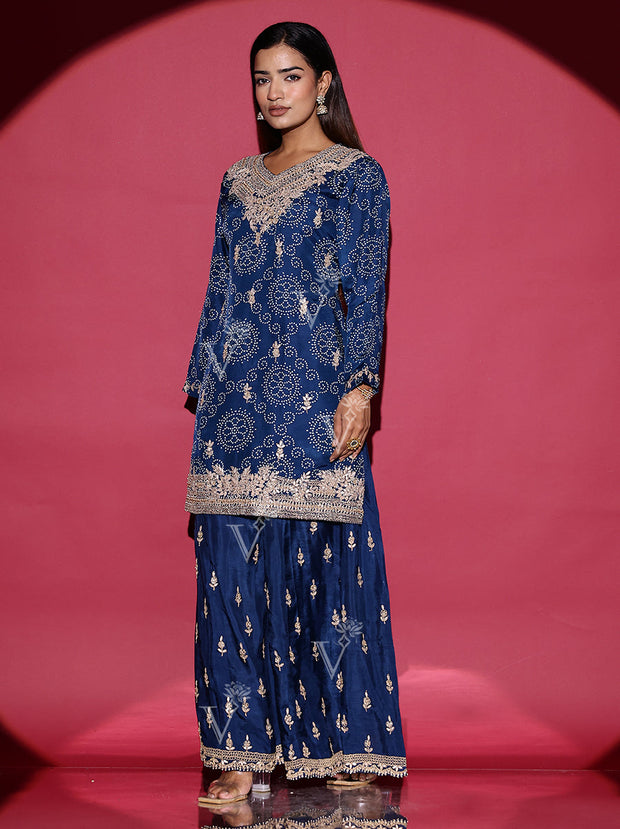 Blue Bandhani Silk Kurta and Palazzo Set