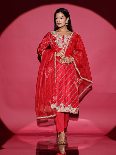 Red Silk Embroidered Suit Set