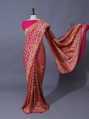 Pink and Red Georgette Zari Saree