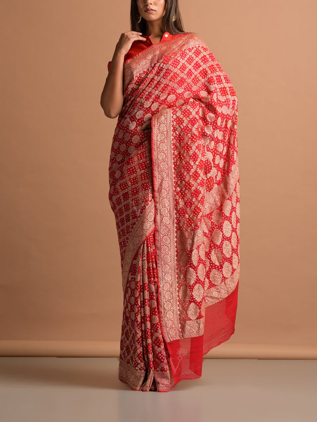 Red Georgette Bandhani Zari Saree