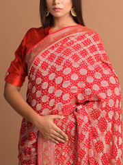 Red Georgette Bandhani Zari Saree