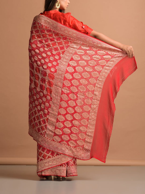 Red Georgette Bandhani Zari Saree