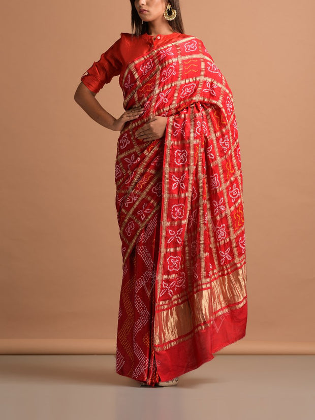 Red Silk Bandhani Zari Saree