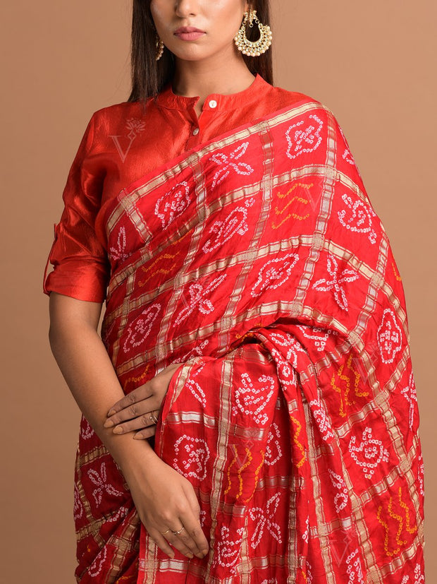 Red Silk Bandhani Zari Saree