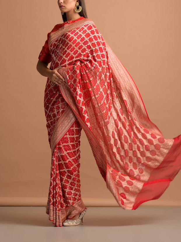 Red Georgette Bandhani Zari Saree