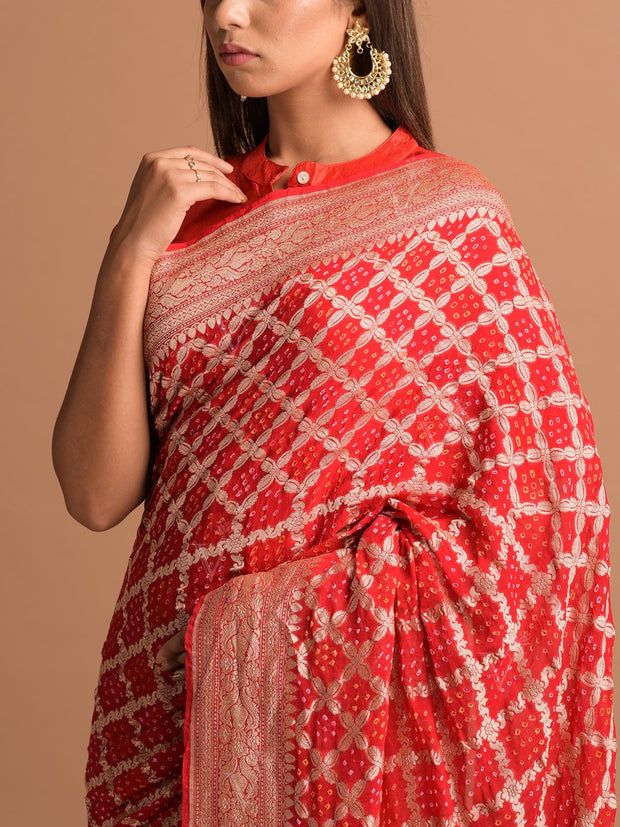 Red Georgette Bandhani Zari Saree