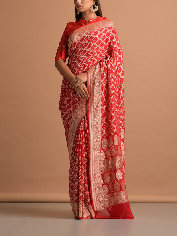 Red Georgette Bandhani Zari Saree