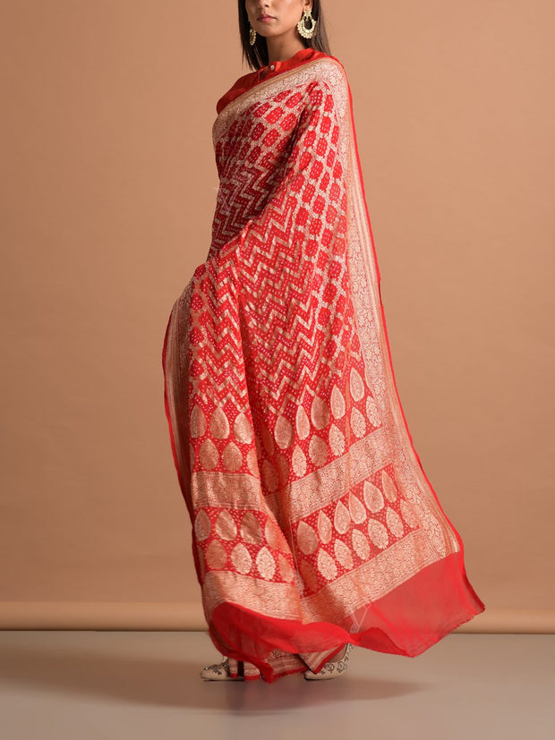 Red Georgette Bandhani Zari Saree