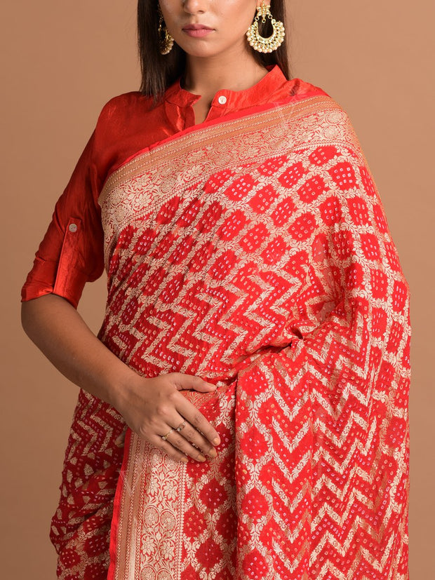 Red Georgette Bandhani Zari Saree